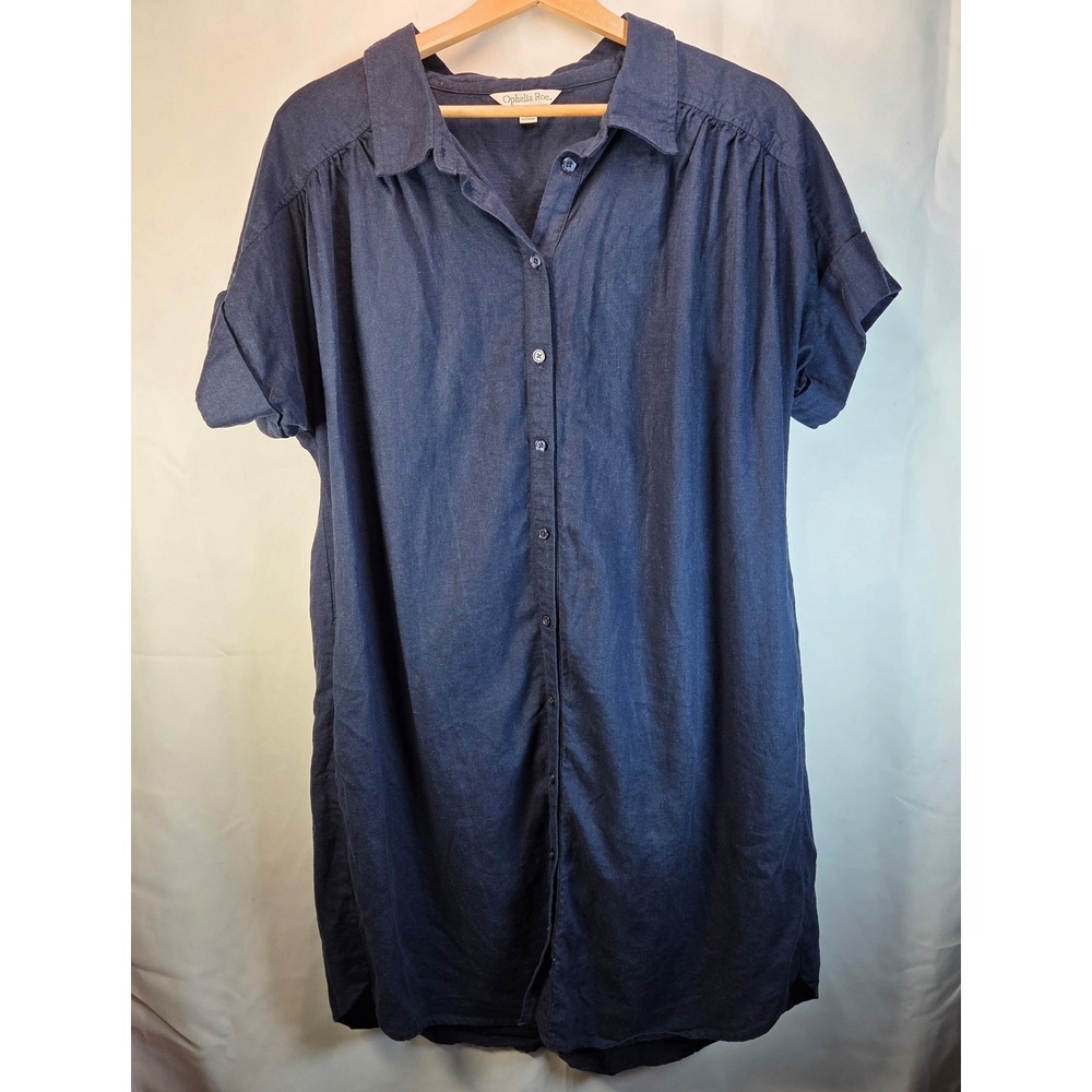 Ophelia Roe Button Front Navy Shirt Dress With Pockets Size XL